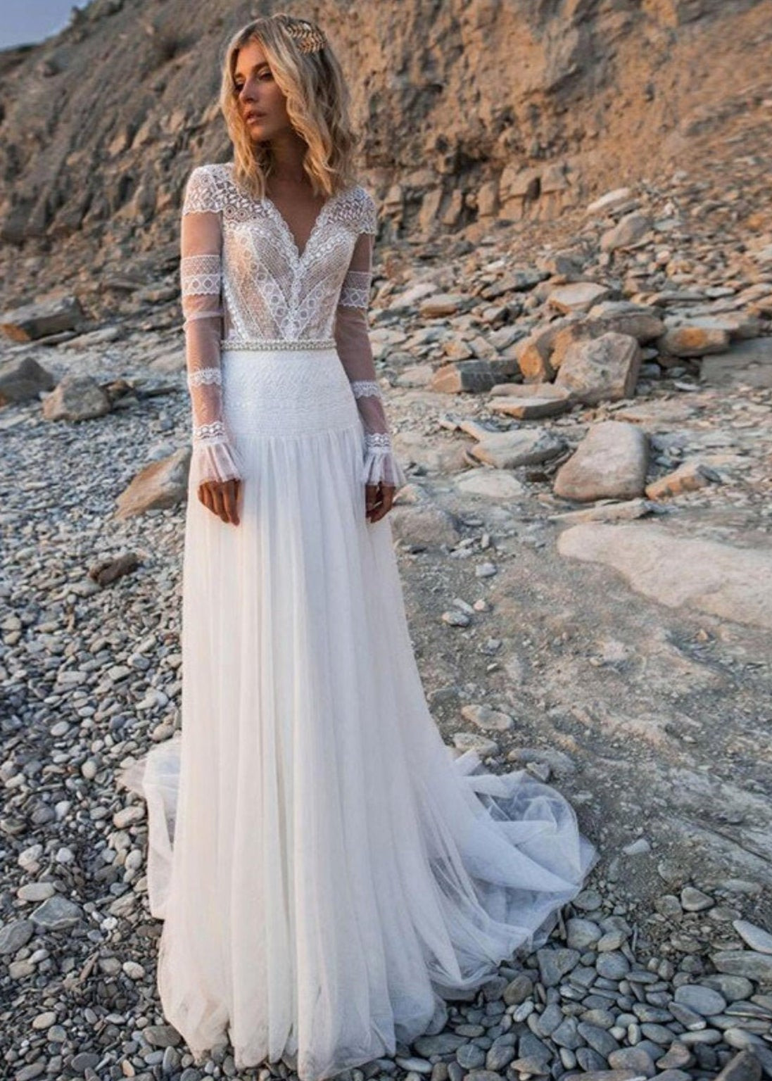 A Line Ivory Lace Tulle Pearl Embellished Boho Wedding Dress 2955